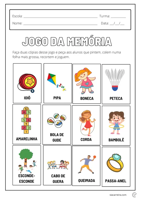Imagem de um jogo da memória com ilustrações de brinquedos e atividades infantis.