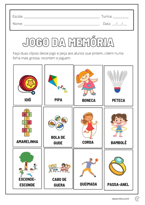 Imagem de um jogo da memória com ilustrações de brinquedos e atividades infantis.