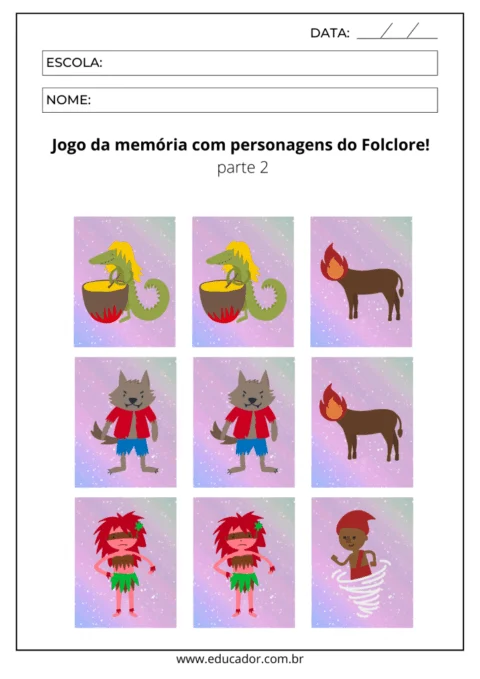 Jogo da memória com personagens do folclore brasileiro, incluindo figuras de animais e personagens míticos.