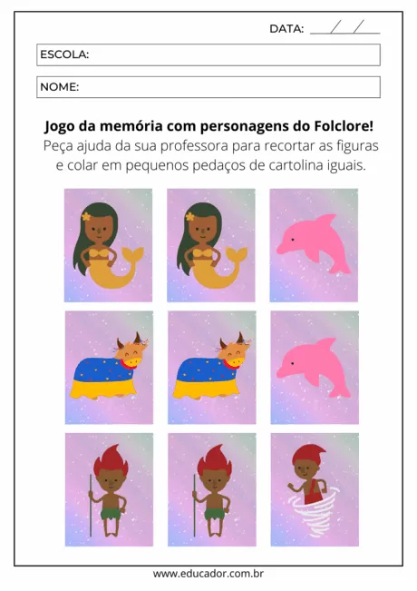 Jogo da memória com personagens do folclore brasileiro, incluindo sereia, boi, golfinho e outros.