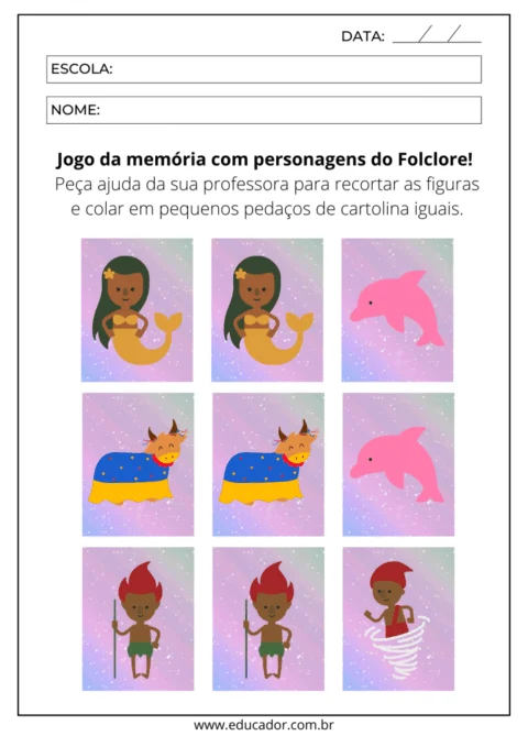 Jogo da memória com personagens do folclore brasileiro, incluindo sereia, boi, golfinho e outros.