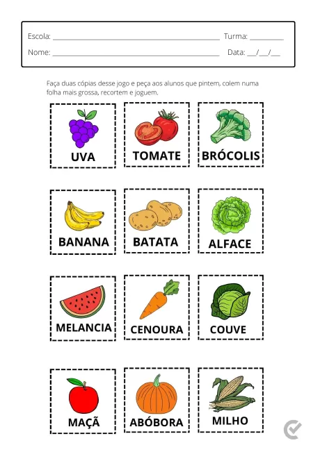 Imagem de um jogo educativo com frutas e legumes para colorir e recortar.