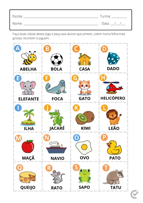 Imagem de um jogo de pintura com várias figuras educativas como abelha, bola, casa, e mais.