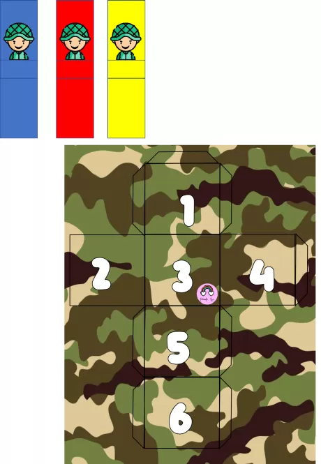 Tabuleiro de jogo com números e personagens em uniformes militares