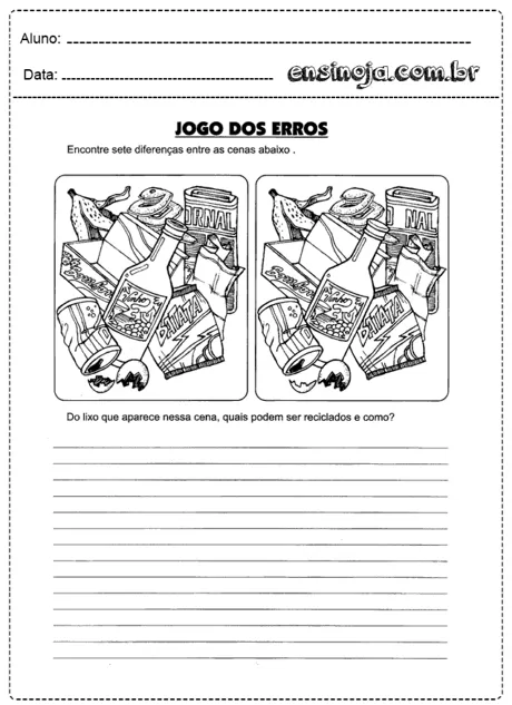 Atividade de jogo dos erros com duas imagens semelhantes e espaço para respostas.