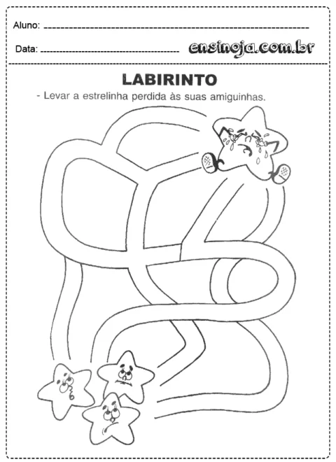 Desenho de um labirinto com uma estrelinha e três estrelinhas tristes.