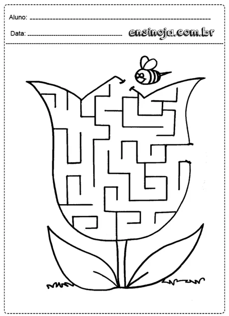 Desenho de um labirinto em forma de flor com uma abelha.