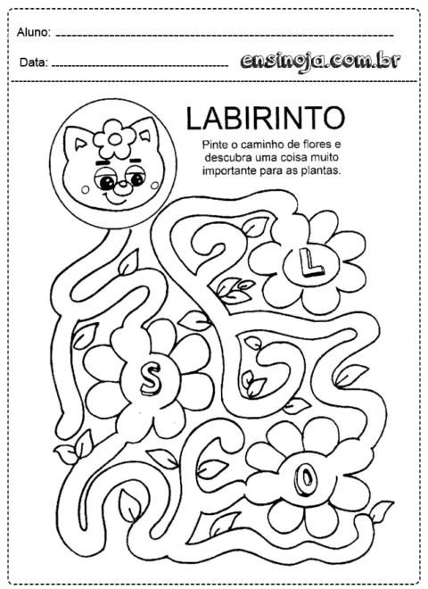 Atividade de labirinto com flores e um gato sorridente.