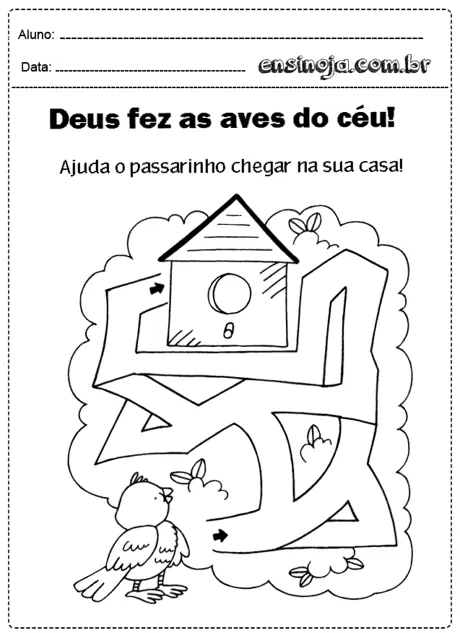 Atividade de labirinto para crianças com um passarinho e uma casinha.