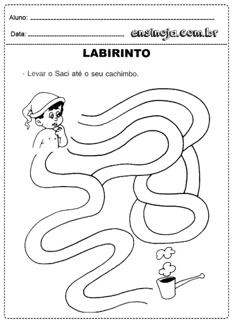 Desenho de um labirinto com um menino e o Saci.