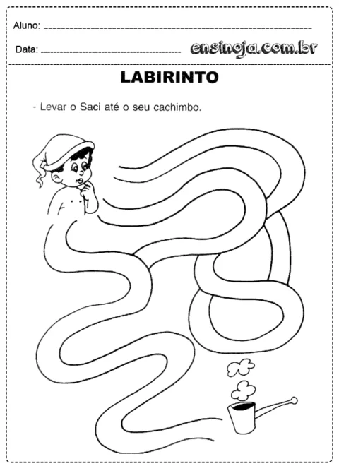 Desenho de um labirinto com um menino e o Saci.