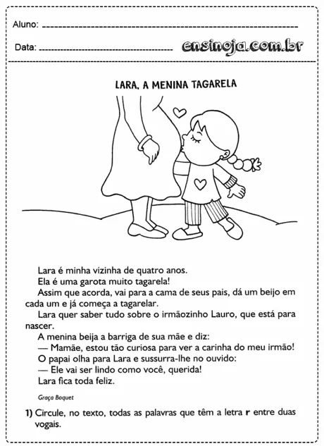 Desenho de uma menina chamada Lara beijando a barriga de sua mãe.