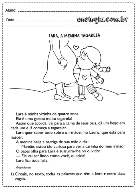 Desenho de uma menina chamada Lara beijando a barriga de sua mãe.