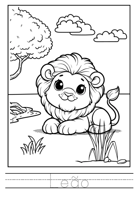 Desenho de um leão fofo em um ambiente natural, pronto para ser colorido.