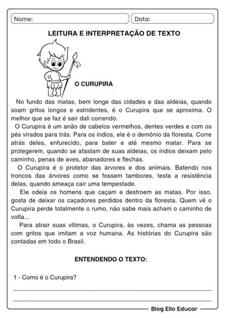 Texto sobre o Curupira, uma figura do folclore brasileiro, com ilustração de uma criança.