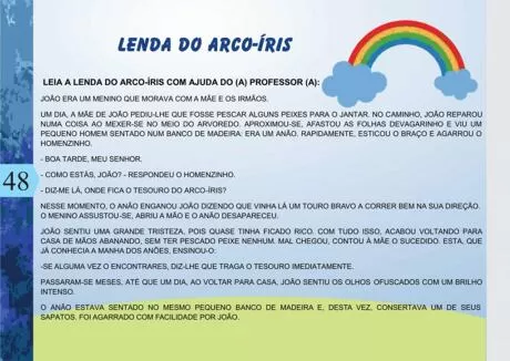 Texto da lenda do arco-íris com ilustrações coloridas.