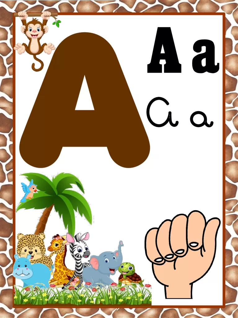Imagem da letra A com ilustrações de animais e uma mão fazendo o sinal da letra A.