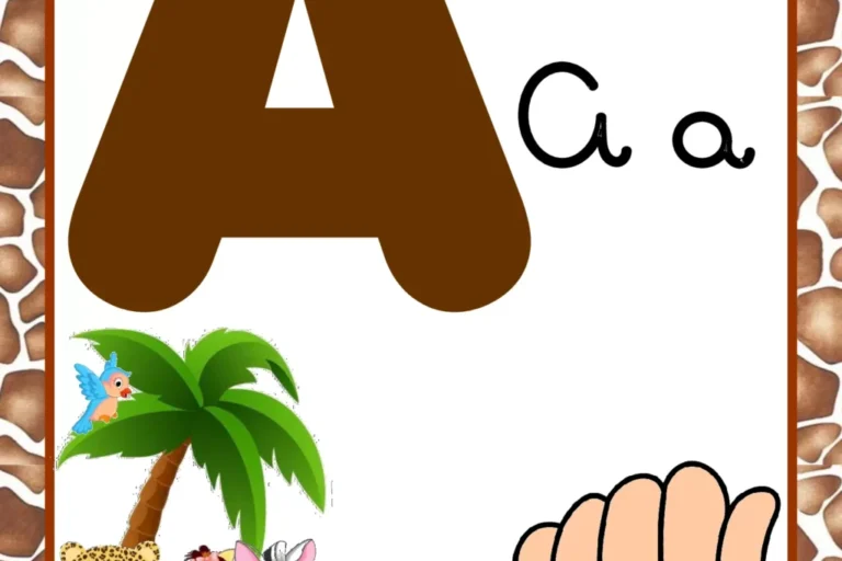 Imagem da letra A com ilustrações de animais e uma mão fazendo o sinal da letra A.