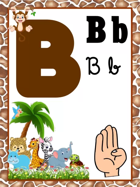 Imagem da letra B com ilustrações de animais e uma mão mostrando o número cinco.