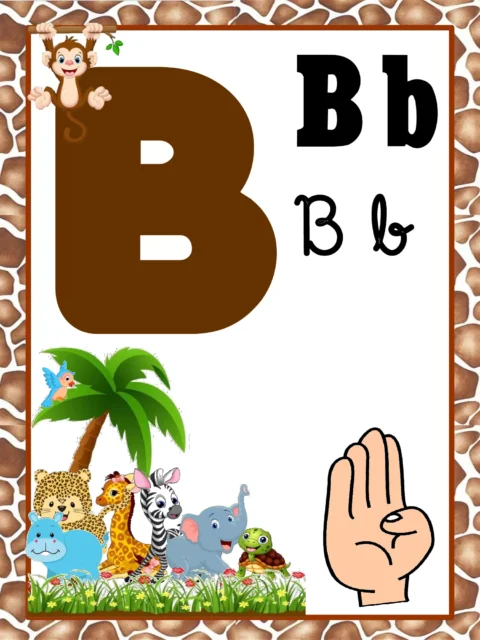 Imagem da letra B com ilustrações de animais e uma mão mostrando o número cinco.