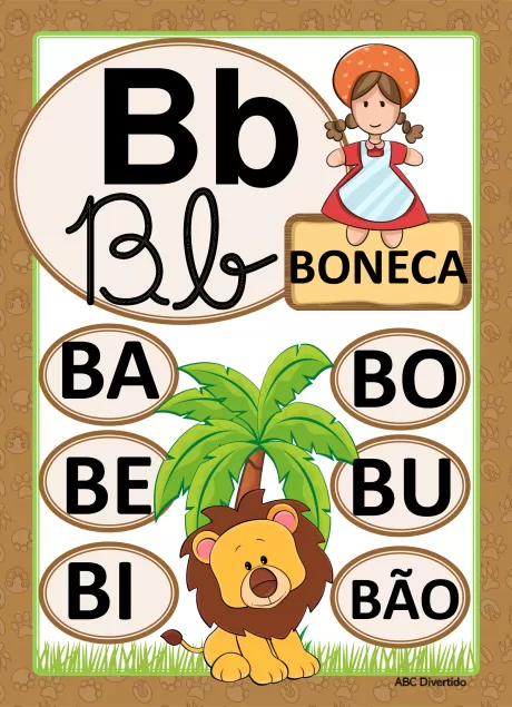 Imagem educativa da letra B com uma boneca, um leão e uma palmeira.