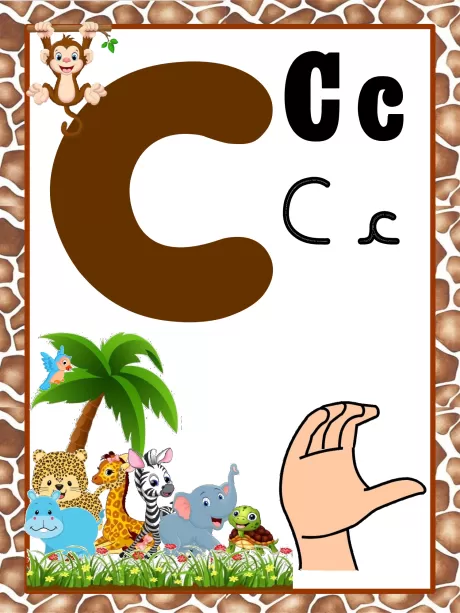 Letra C em destaque com ilustrações de animais e uma mão mostrando a letra.