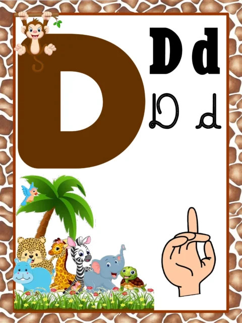 Imagem da letra D com ilustrações de animais e uma mão indicando a letra.