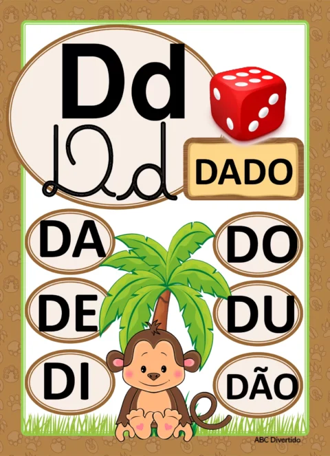 Imagem educativa com a letra D, um dado e palavras que começam com D, incluindo 'dado', 'da', 'de', 'di', 'do', 'du', 'dão', e uma árvore com um macaco.