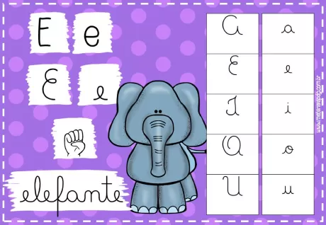 Imagem educativa com a letra E, um elefante e a palavra elefante.