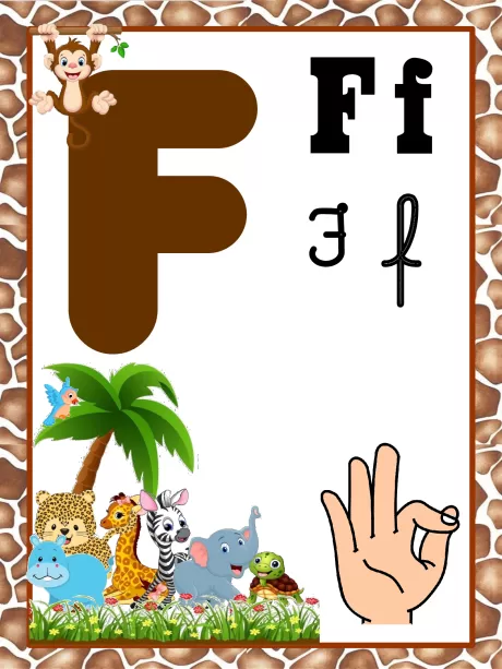 Imagem da letra F com ilustrações de animais e uma mão fazendo o sinal de 'F'.