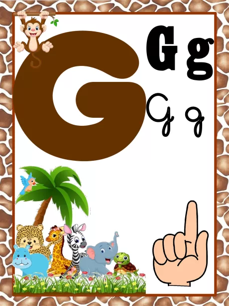 Imagem educativa da letra G com ilustrações de animais e uma mão apontando.