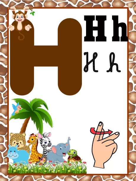 Imagem educativa da letra H com ilustrações de animais e uma mão mostrando como escrever.