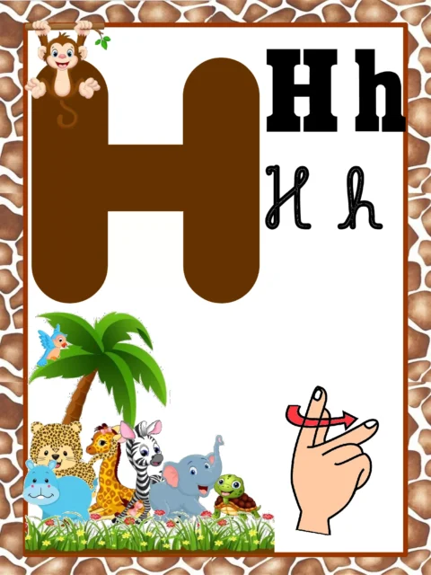 Imagem educativa da letra H com ilustrações de animais e uma mão mostrando como escrever.