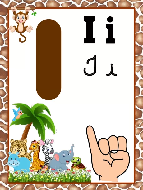Imagem educativa com a letra I, animais e uma mão indicando a letra.