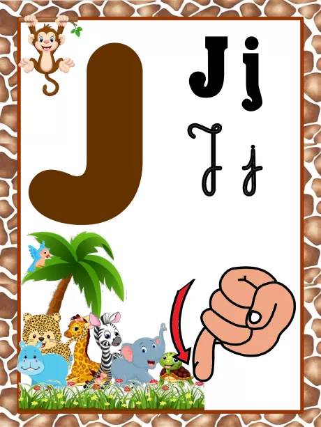 Imagem educativa da letra J com ilustrações de animais e uma mão apontando para a letra.