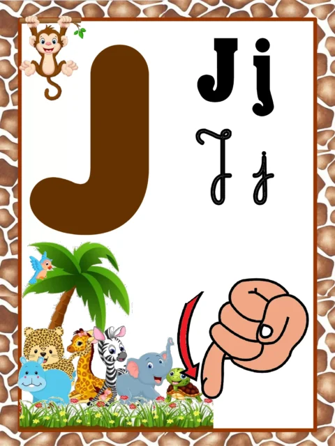 Imagem educativa da letra J com ilustrações de animais e uma mão apontando para a letra.