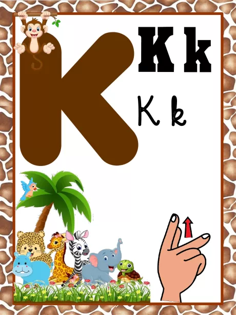 Imagem educativa da letra K com ilustrações de animais e uma mão apontando para cima.