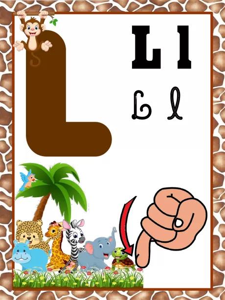 Imagem educativa da letra L com ilustrações de animais e uma mão apontando para a letra.