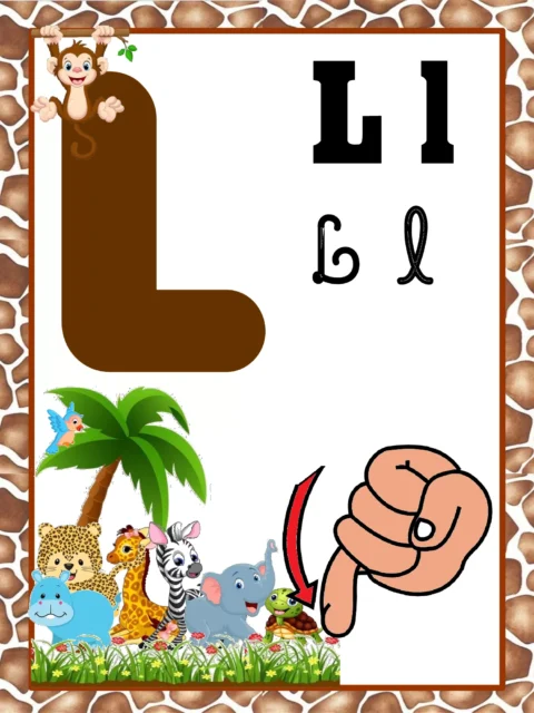 Imagem educativa da letra L com ilustrações de animais e uma mão apontando para a letra.