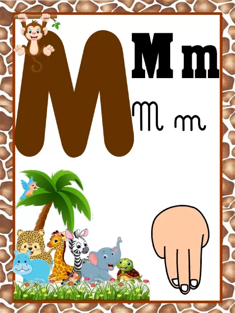 Imagem da letra M com ilustrações de animais e uma mão apontando.