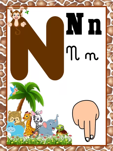 Imagem educativa da letra N com ilustrações de animais e uma mão apontando para a letra.