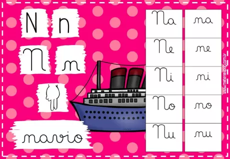 Imagem educativa com a letra N e um navio, mostrando as sílabas Na, Ne, Ni, No, Nu.