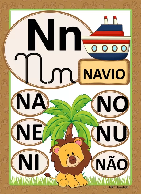 Imagem educativa com a letra N, um navio, e palavras que começam com N: navio, na, ne, ni, no, nu, não.