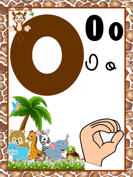 Imagem educativa da letra O com ilustrações de animais e uma mão fazendo o gesto de 'ok'.