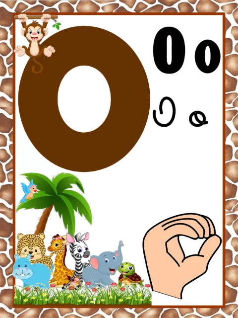 Imagem educativa da letra O com ilustrações de animais e uma mão fazendo o gesto de 'ok'.