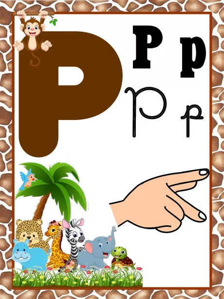 Imagem educativa da letra P com ilustrações de animais e uma mão apontando.
