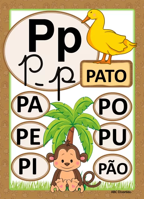 Imagem educativa com a letra P, um pato, um macaco e uma palmeira, apresentando sílabas com a letra P.