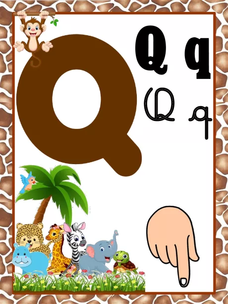 Imagem da letra Q com ilustrações de animais e uma mão apontando para baixo.