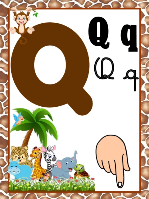 Imagem da letra Q com ilustrações de animais e uma mão apontando para baixo.