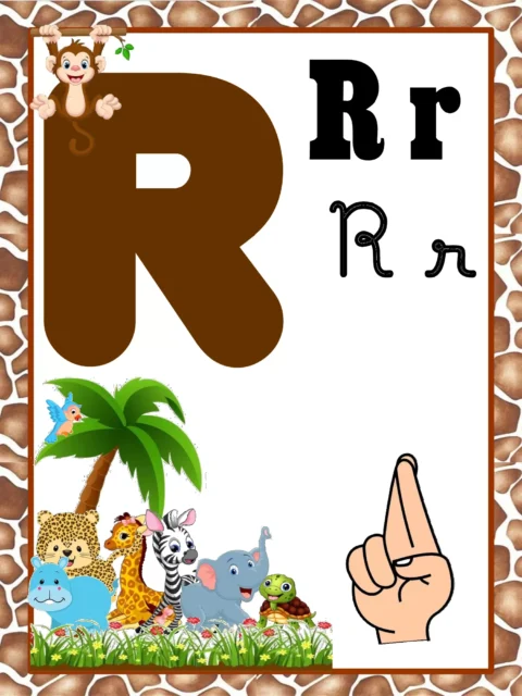 Letra R em destaque com ilustrações de animais e uma mão fazendo o sinal de R.